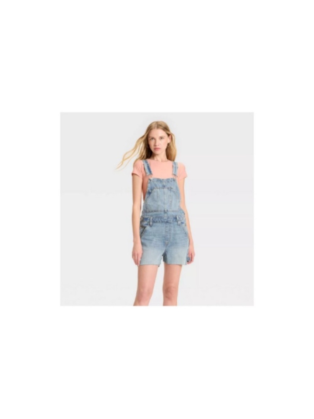 Women’s Light Wash Denim Short Overalls - Pink Tee Not Included